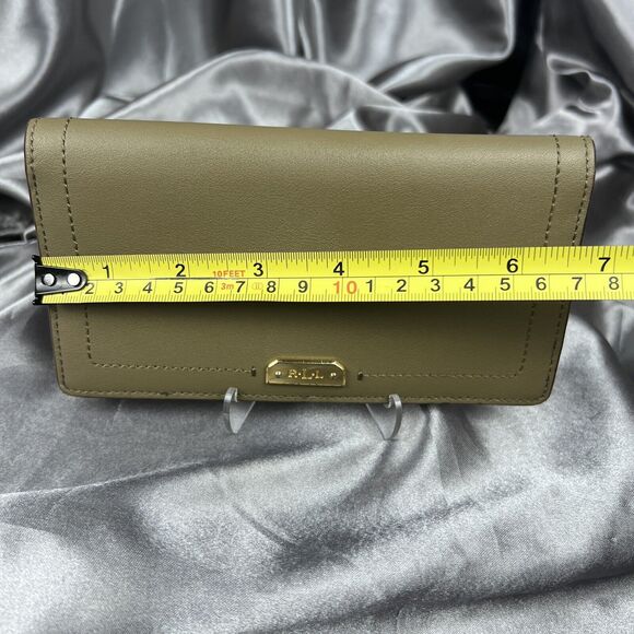 RLL Lauren Ralph Lauren Leather Bifold Wallet Olive Green Gold Logo Snap Closure - Picture 6 of 14